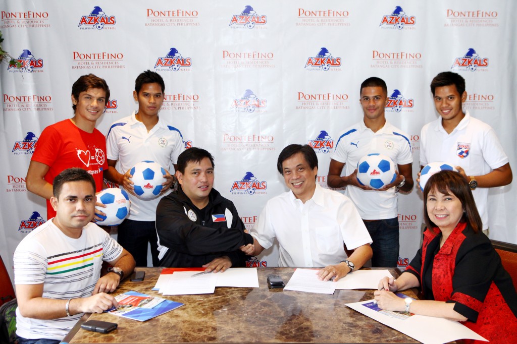 Shown in photo from left to right (standing) are Azkals players: Misagh Bahadoran, Marwin Angeles, Jeffrey Cristiaens, and Marvin Angeles Seated from left to right: Azkals Team Coordinator Patrick Ace Bright, Team Manager Dan Palami, Pontefino Hotel & Residences President and Chief Executive Officer Ricky Gutierrez, and SVP & Chief Operating Officer Fely T. Ramos